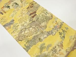 屋敷に時代人物・松・花々模様織出し袋帯